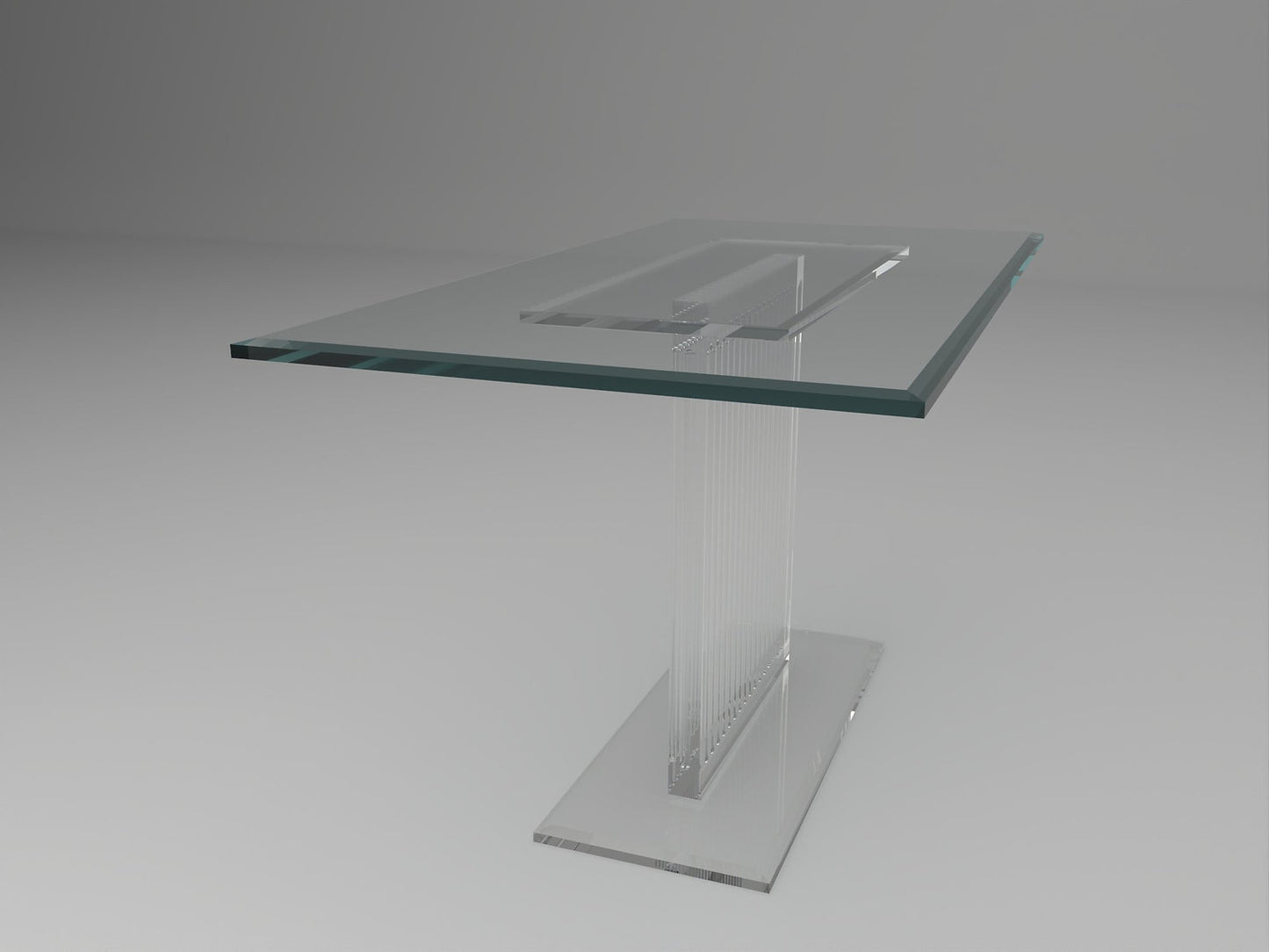 Sculptural acrylic table base with fluted design and reflective surface