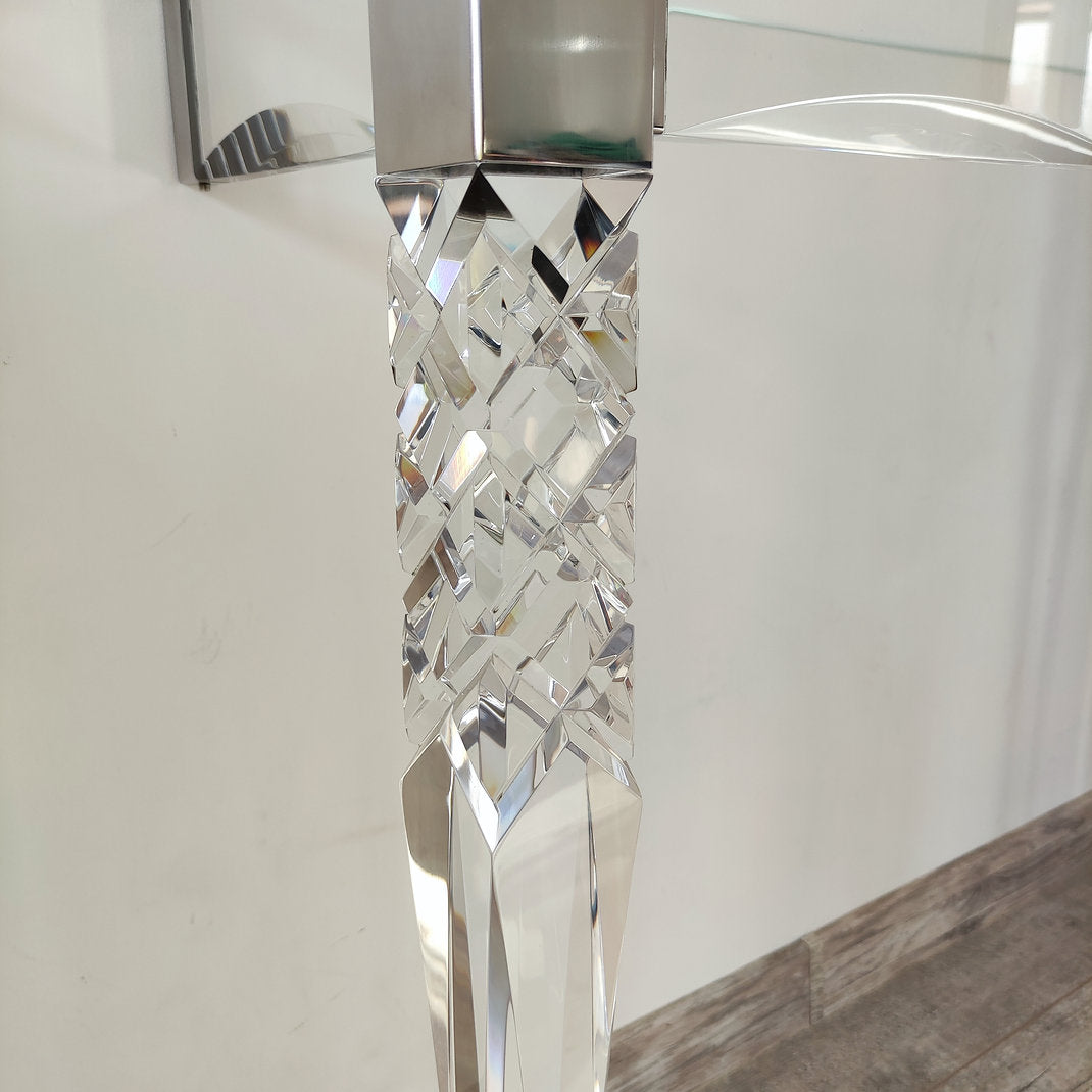 Clear acrylic console table with chrome accents
