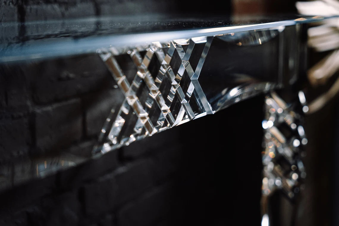 Clear acrylic console table with chrome accents