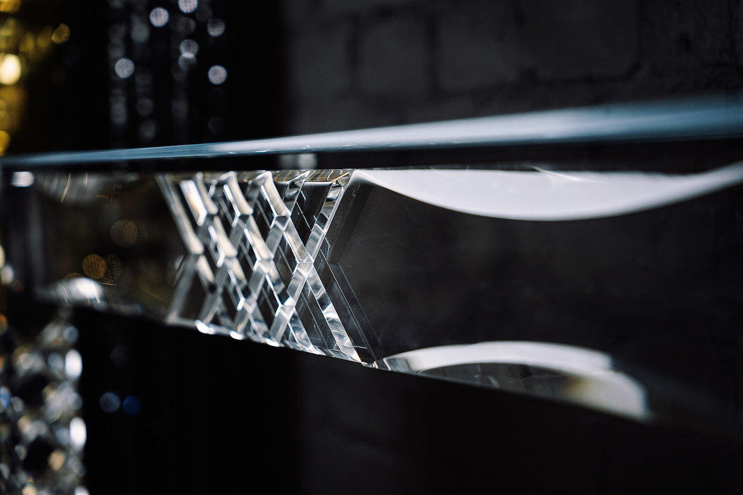 Clear acrylic console table with chrome accents