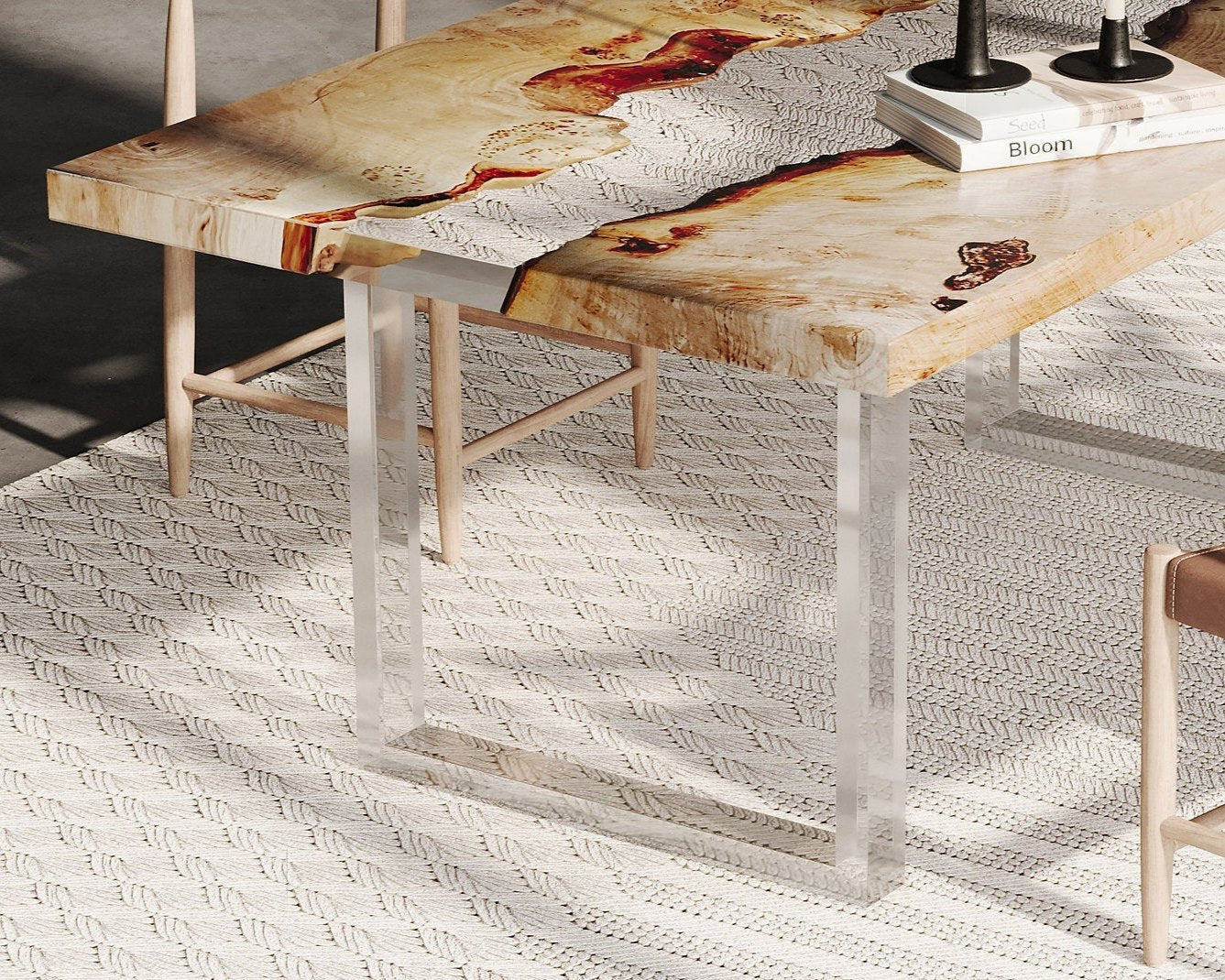 Clear acrylic table base shaped like a square frame