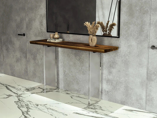 Clear acrylic console table with a light wood top