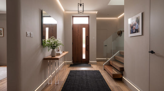 Narrow console table with clear acrylic legs in a narrow entryway
