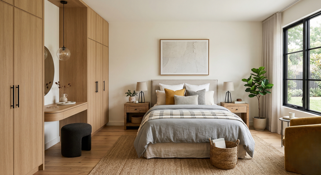 Modern Guest Bedroom Idea with built in cabinet and a vanity