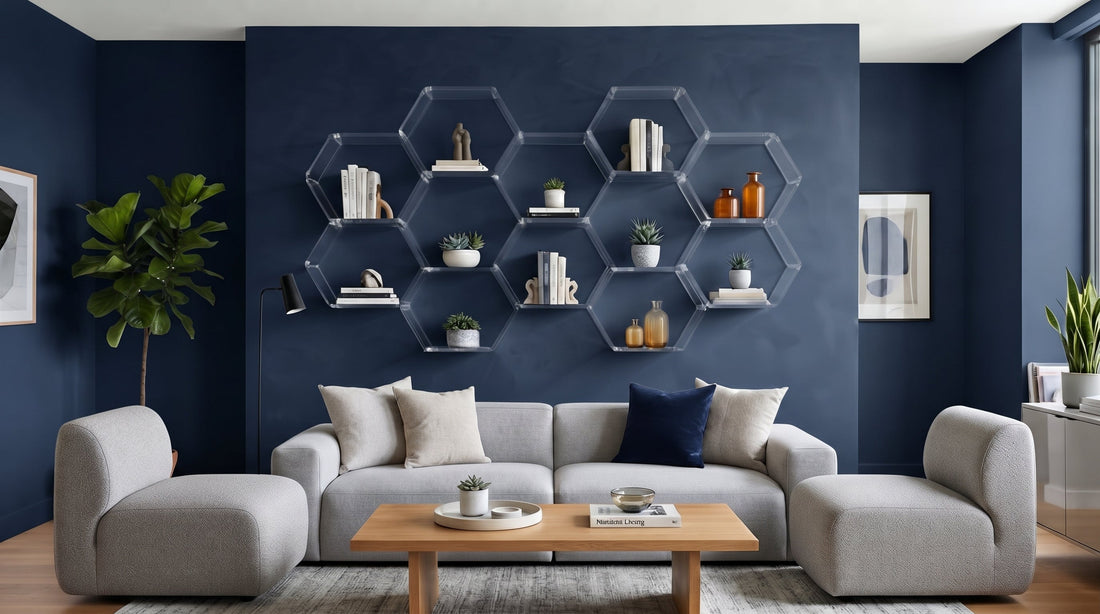 Modern living room with acrylic shelves.