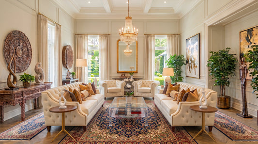 A luxury living room idea featuring cream tufted sofas, a chandelier, wall art, and a rug.