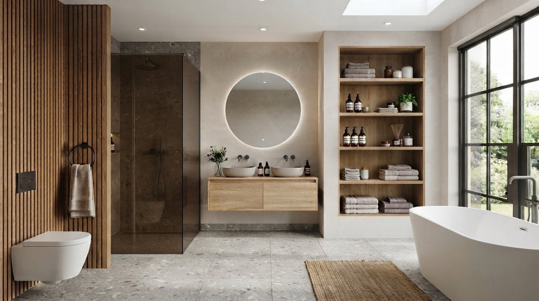 Bathroom shelf idea featuring built-in wooden shelving and a double vanity