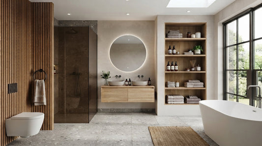 Bathroom shelf idea featuring built-in wooden shelving and a double vanity