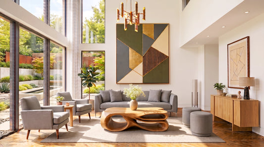A living room featuring unique coffee table in a sculptural wood design