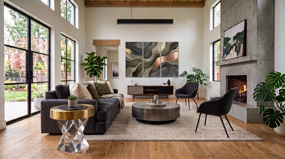 A modern living room with a mixed-material acrylic side table