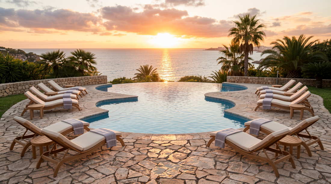 a wooden pool lounge chairs