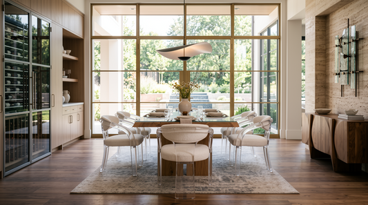 A dining room featuring a wooden table surrounded by acrylic and white textured modern dining chairs.