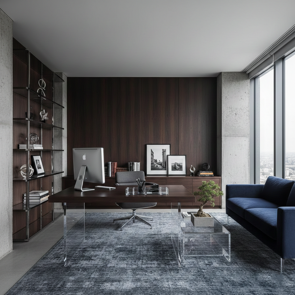 Masculine Home Office Ideas with acrylic table base, tray and end table