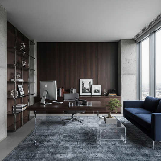 Masculine Home Office Ideas with acrylic table base, tray and end table