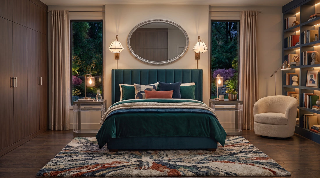 A luxurious bedroom centered around a teal bed with metal and acrylic unique nightstands on both sides