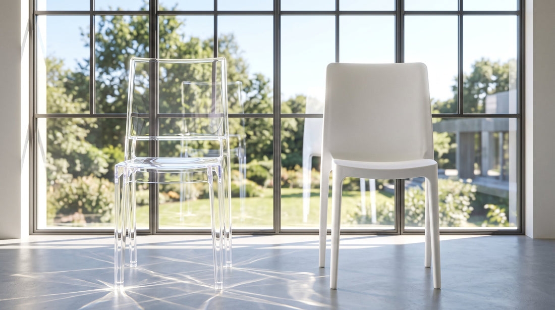 Comparison image showing a clear acrylic chair beside an opaque white plastic chair
