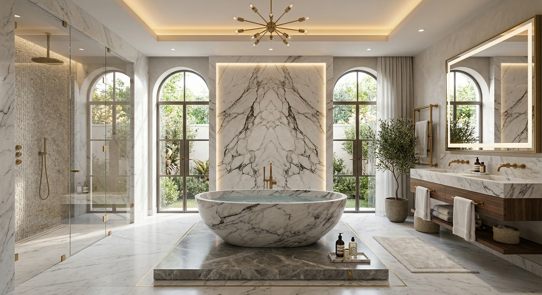 Luxury Master Bathroom Idea with the tub at the center, shower room on the left, and sink on the right.