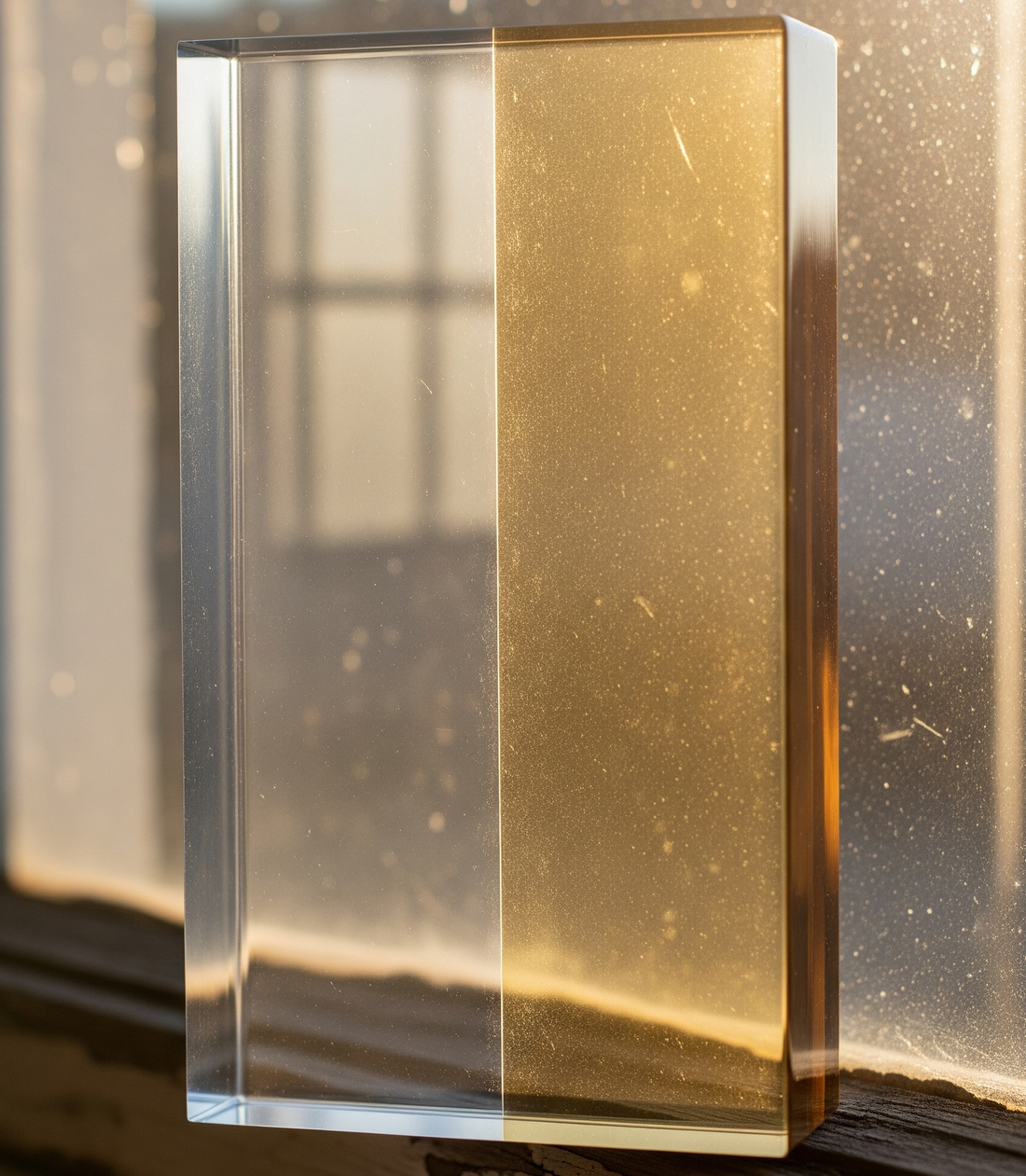 Side-by-side comparison showing clear acrylic and a yellowed side demonstrating how acrylic can yellow over time