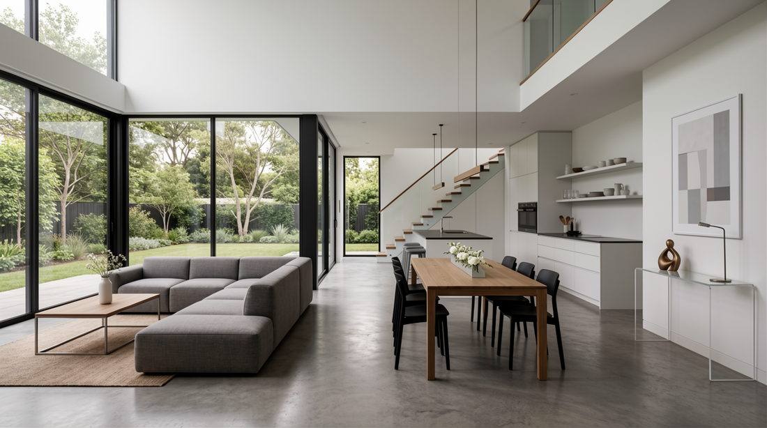 A modern open-plan home featuring minimalist furniture ideas
