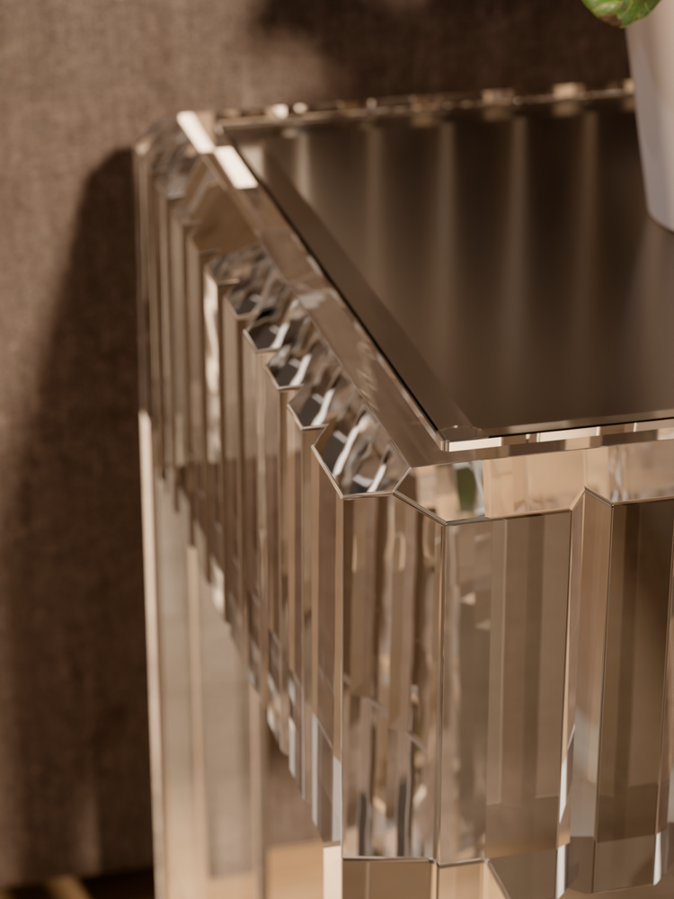 Classic acrylic end table styled with a flower vase