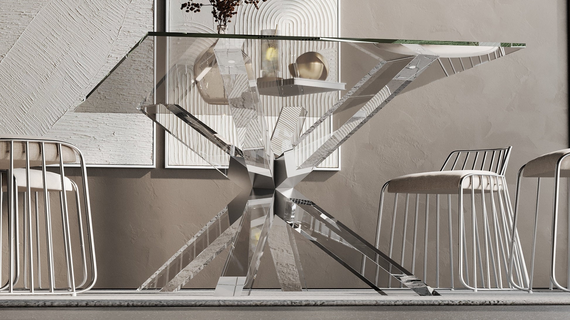 Underside of a transparent star-shaped acrylic table base