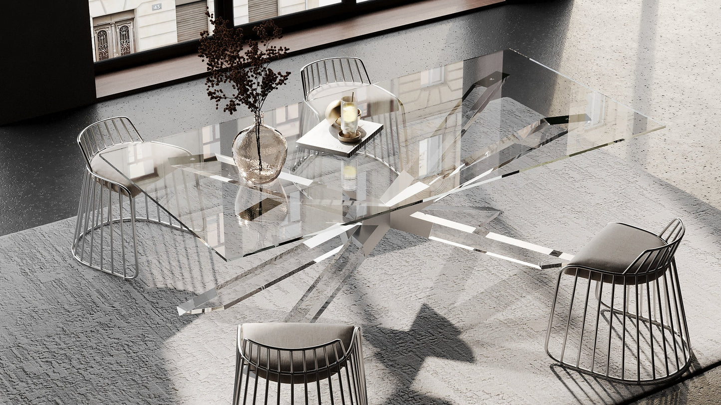 Aerial view of a transparent star-shaped acrylic table base with glass tabletop