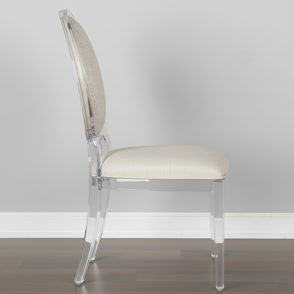 Chair with transparent legs and beige cushioned seat and backrest on a gray background