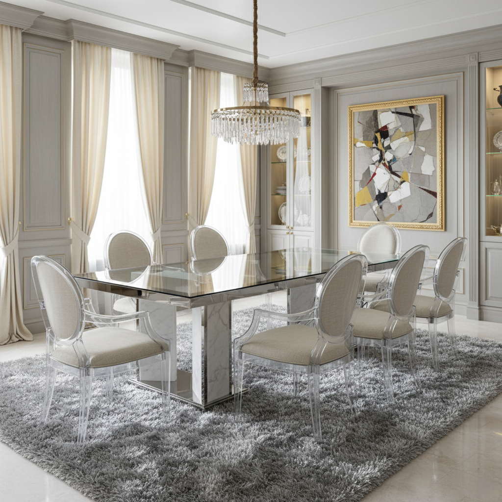 Modern dining room with a glass table and chairs, featuring a chandelier and artwork on the wall.