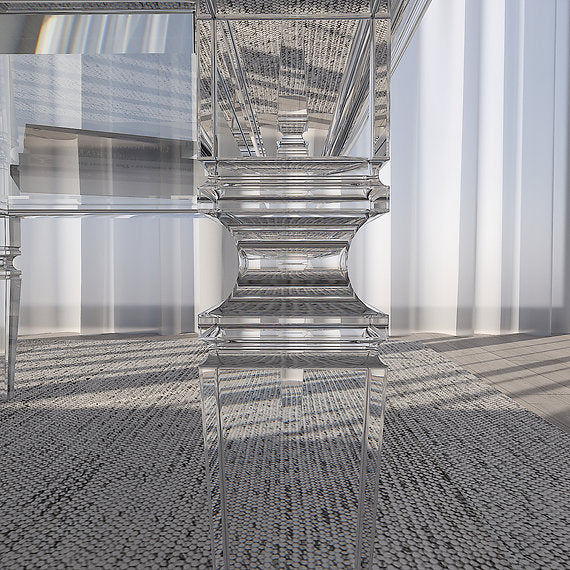 Transparent acrylic coffee table close up in a modern interior setting.