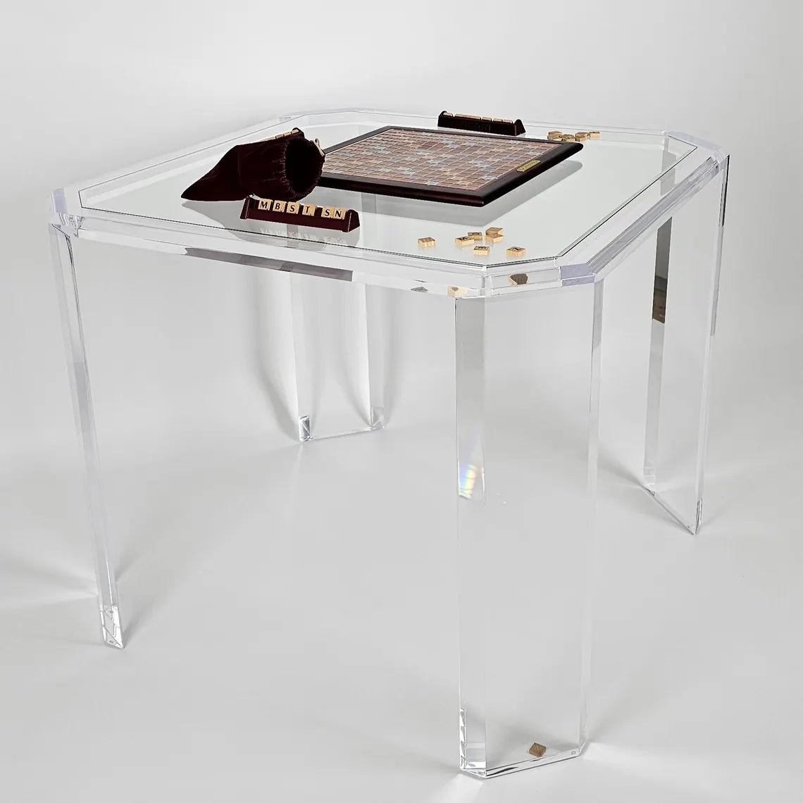 Clear acrylic game table with beveled edges and corners