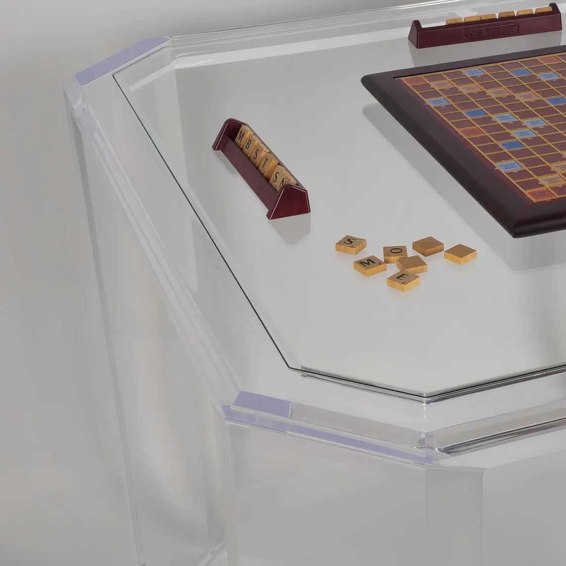 Clear acrylic game table with beveled edges and corners