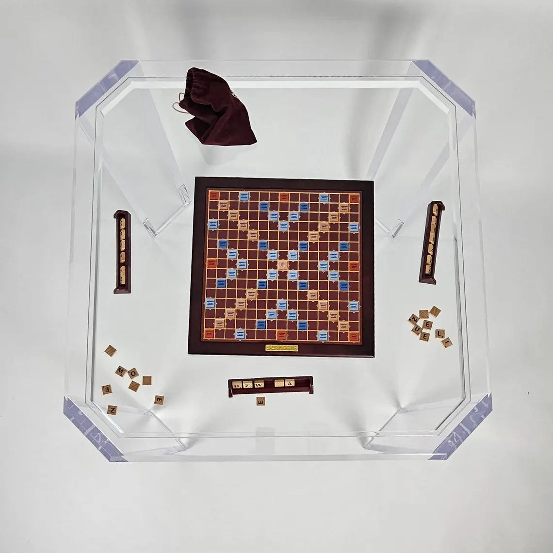 Clear acrylic game table with beveled edges and corners