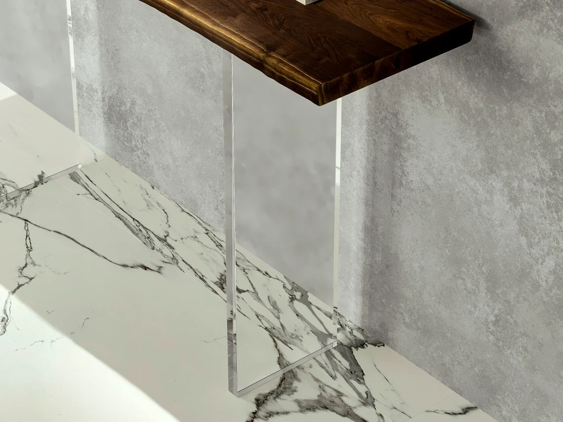 Clear acrylic console table with a light wood top